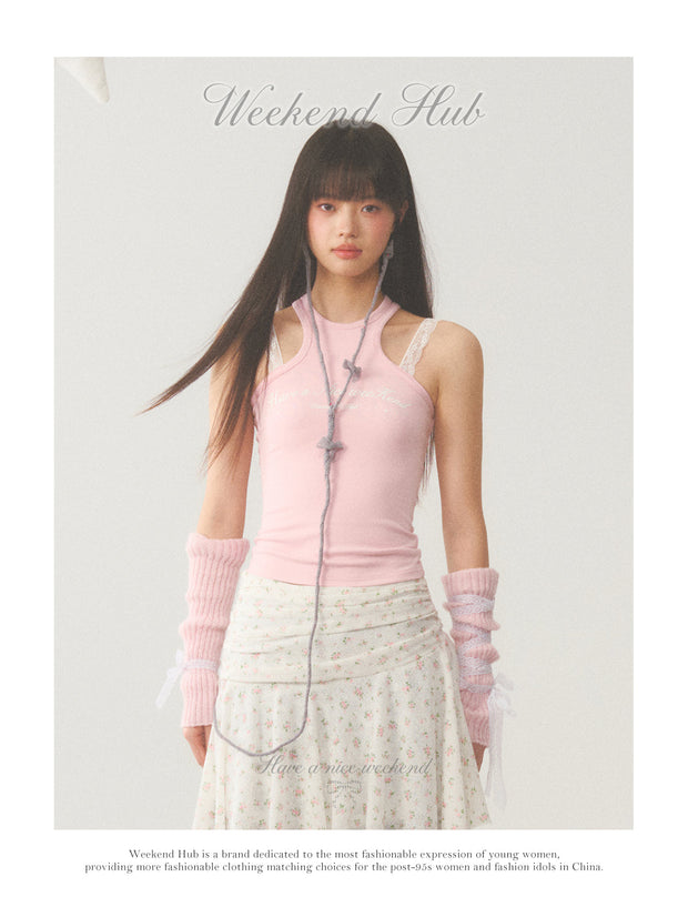 White Lace Accent Strap  Pink Top