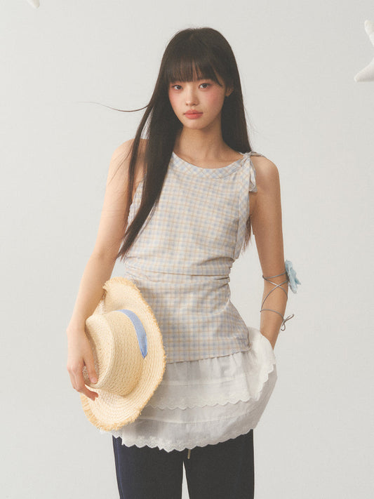 Plaid Layered White Trim Dress