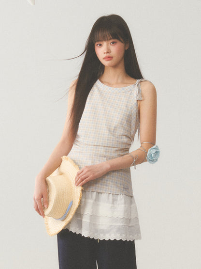 Plaid Layered White Trim Dress