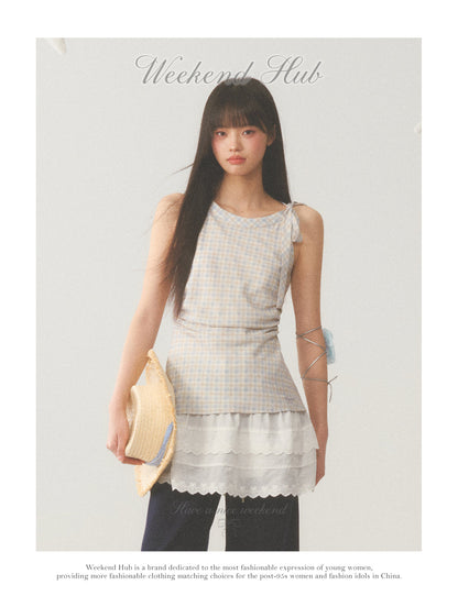 Plaid Layered White Trim Dress