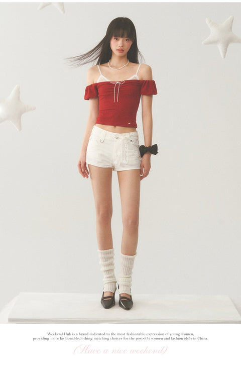 White Strap Red Off Shoulder Top