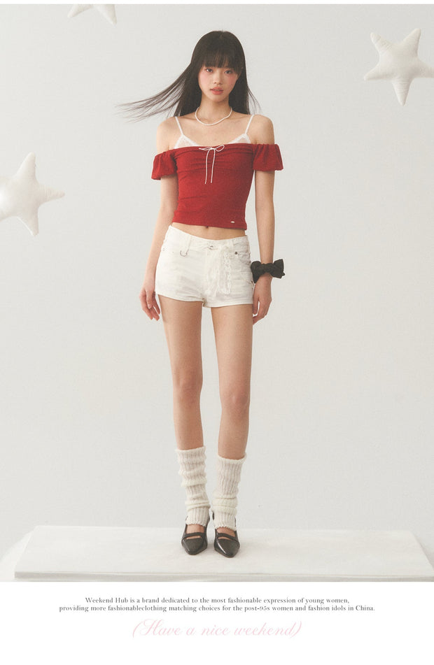 White Strap Red Off Shoulder Top