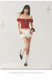 White Strap Red Off Shoulder Top