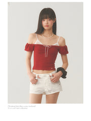 White Strap Red Off Shoulder Top