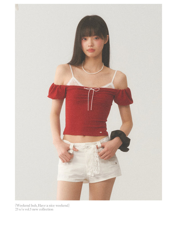 White Strap Red Off Shoulder Top