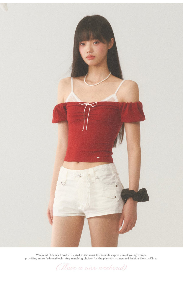 White Strap Red Off Shoulder Top