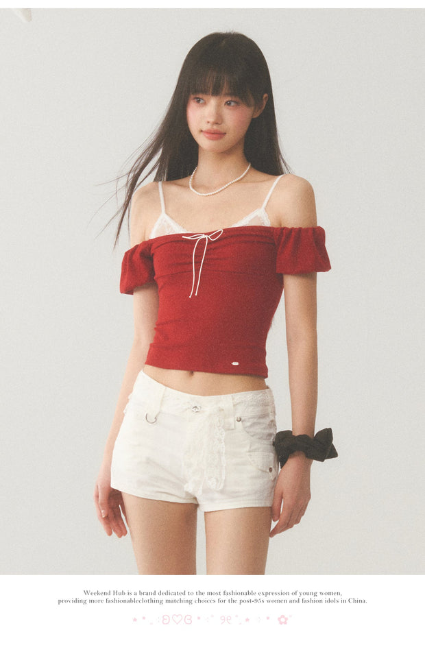 White Strap Red Off Shoulder Top
