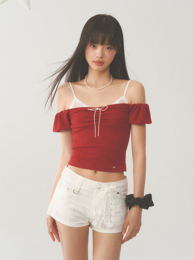 White Strap Red Off Shoulder Top