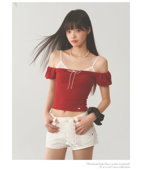 White Strap Red Off Shoulder Top