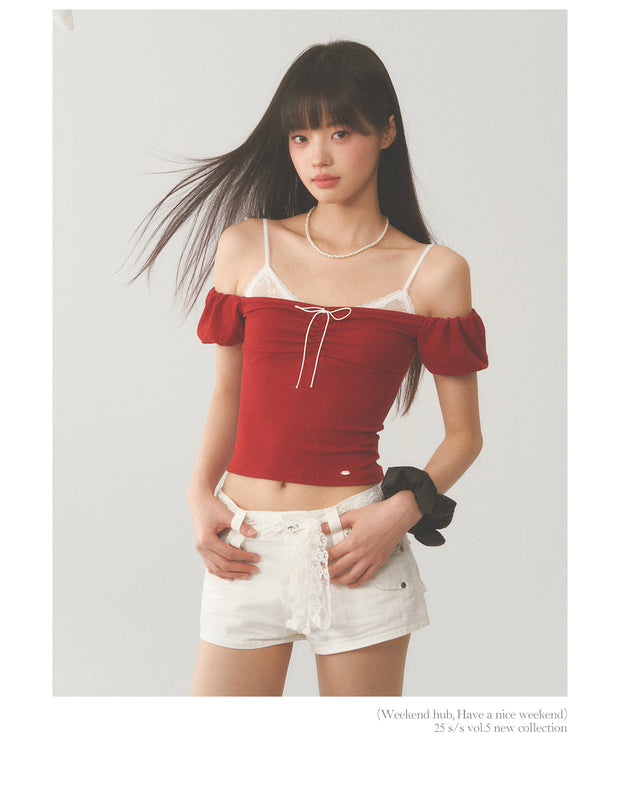 White Strap Red Off Shoulder Top