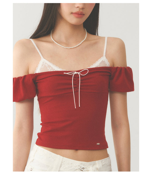 White Strap Red Off Shoulder Top