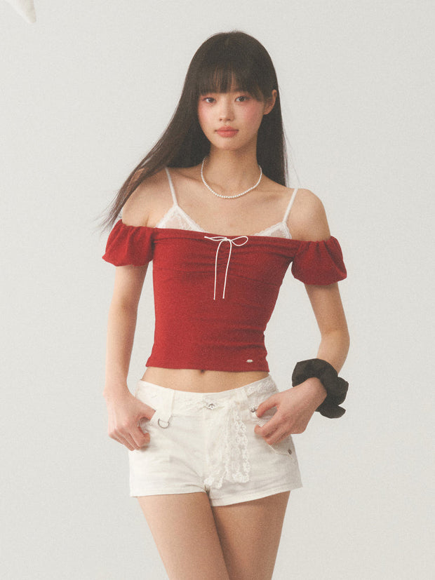 White Strap Red Off Shoulder Top