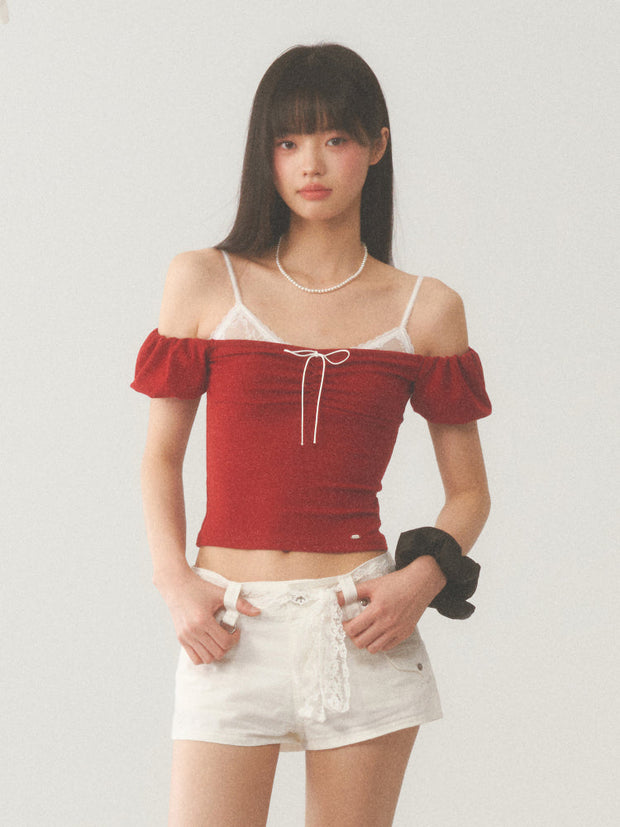 White Strap Red Off Shoulder Top