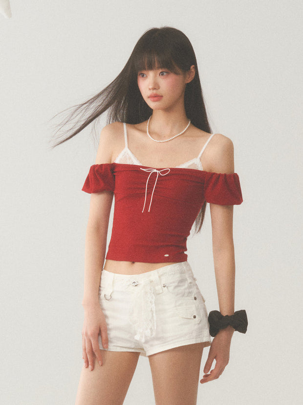 White Strap Red Off Shoulder Top