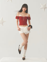 White Strap Red Off Shoulder Top