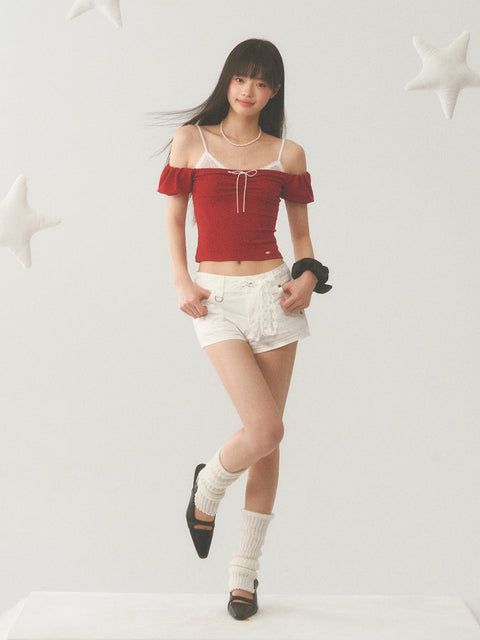 White Strap Red Off Shoulder Top