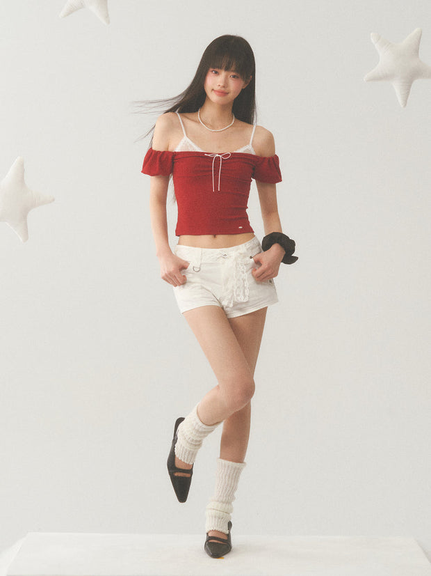 White Strap Red Off Shoulder Top