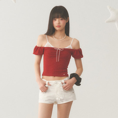 White Strap Red Off Shoulder Top