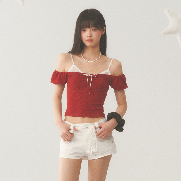 White Strap Red Off Shoulder Top