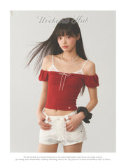 White Strap Red Off Shoulder Top