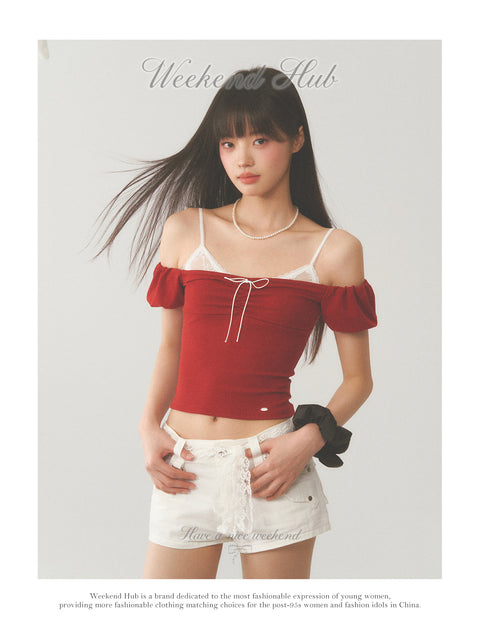 White Strap Red Off Shoulder Top