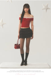 White Lace Neck Collar Trim Red Top