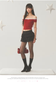 White Lace Neck Collar Trim Red Top