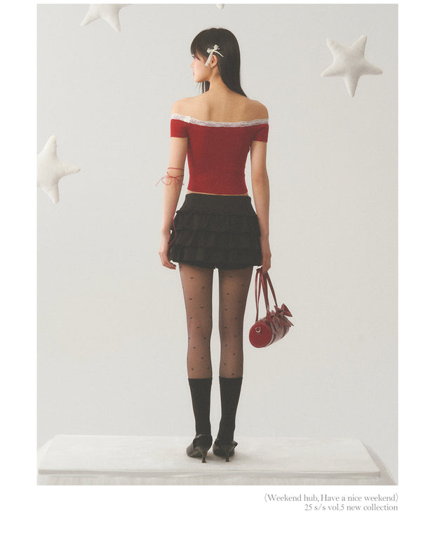 White Lace Neck Collar Trim Red Top