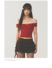 White Lace Neck Collar Trim Red Top