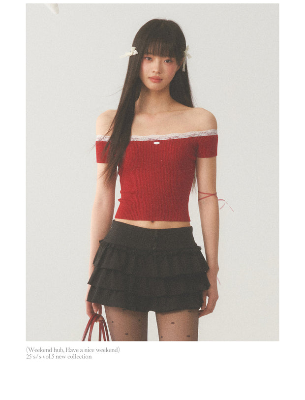 White Lace Neck Collar Trim Red Top