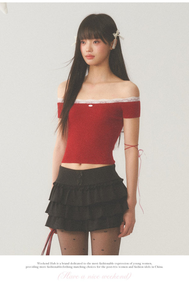 White Lace Neck Collar Trim Red Top