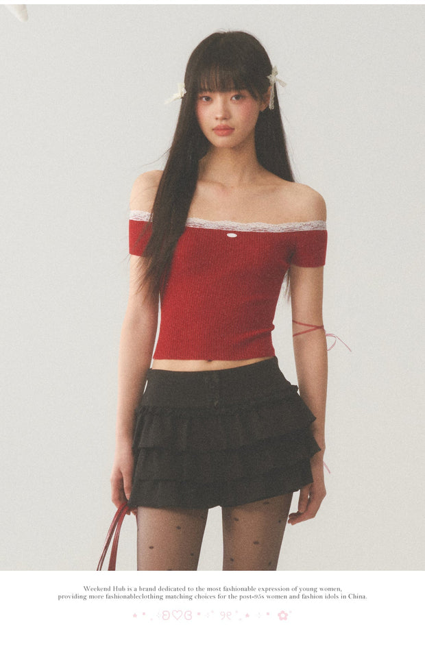 White Lace Neck Collar Trim Red Top
