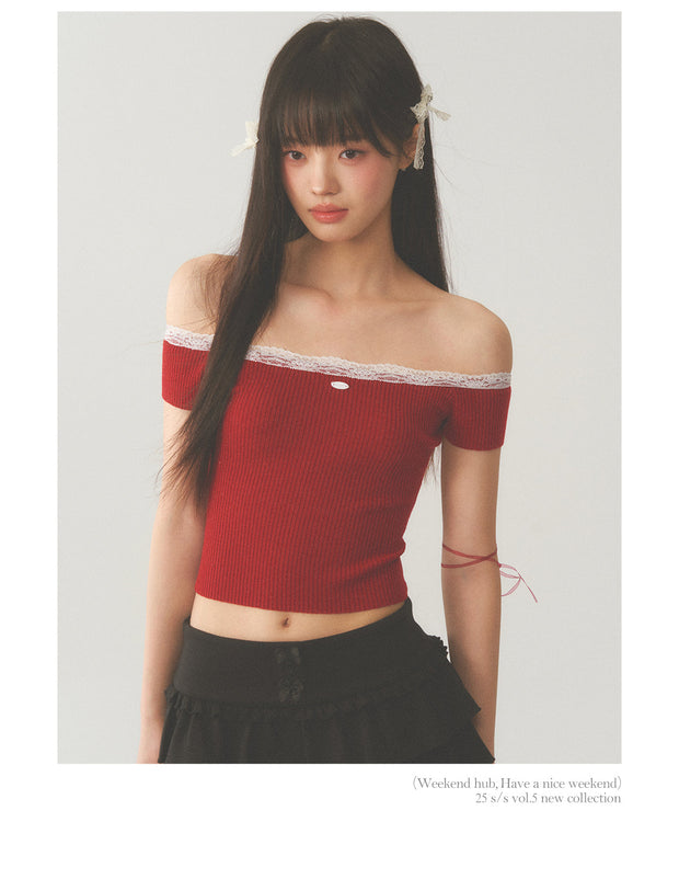 White Lace Neck Collar Trim Red Top