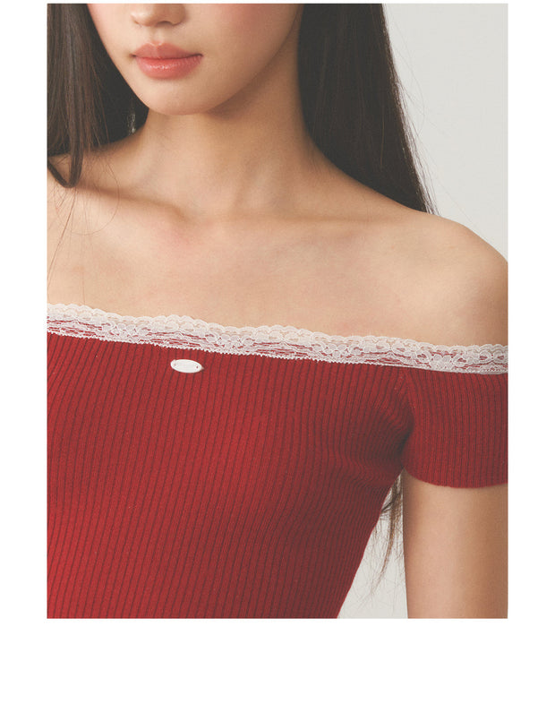White Lace Neck Collar Trim Red Top