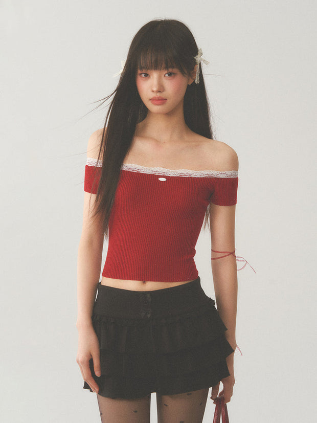 White Lace Neck Collar Trim Red Top