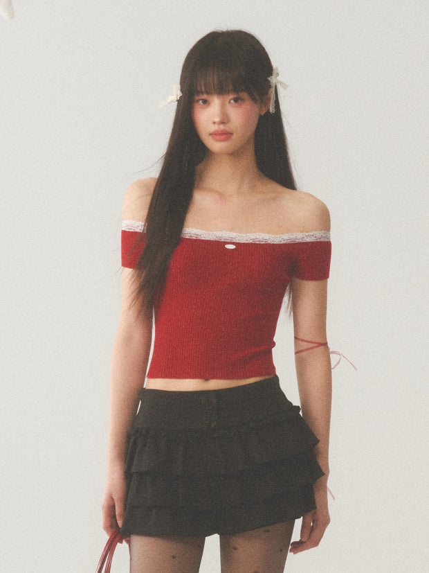 White Lace Neck Collar Trim Red Top