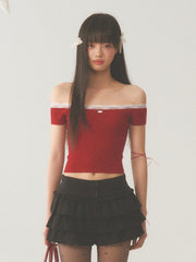 White Lace Neck Collar Trim Red Top