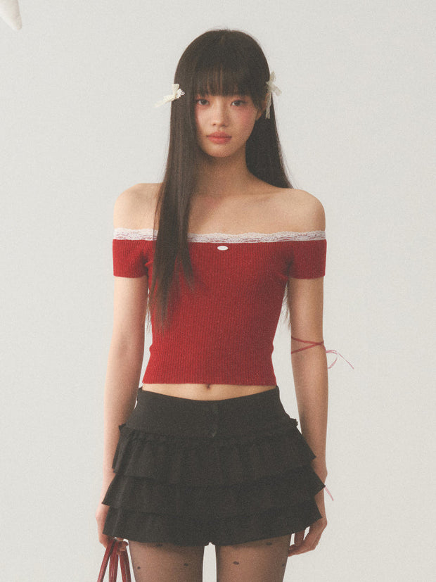 White Lace Neck Collar Trim Red Top