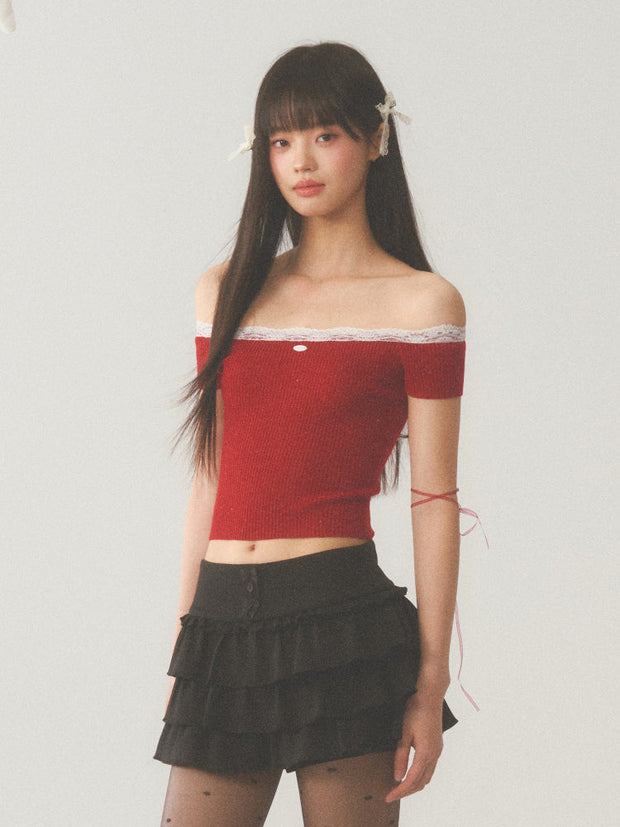 White Lace Neck Collar Trim Red Top