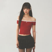 White Lace Neck Collar Trim Red Top