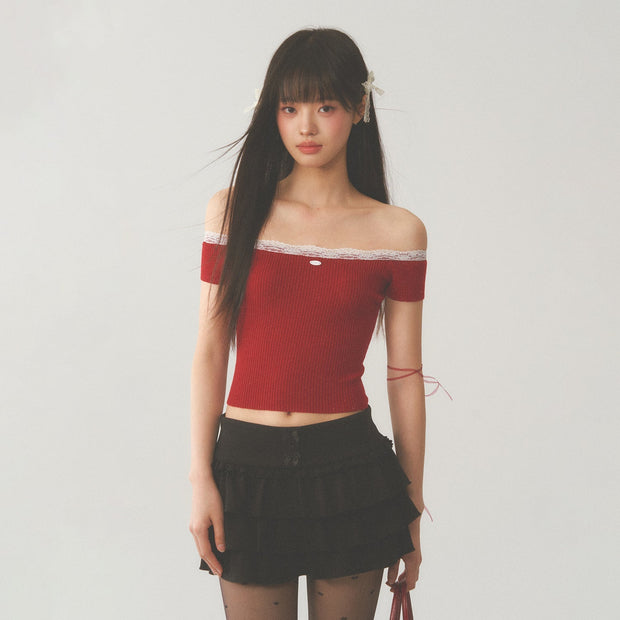White Lace Neck Collar Trim Red Top