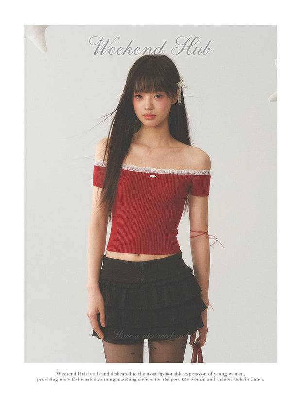 White Lace Neck Collar Trim Red Top