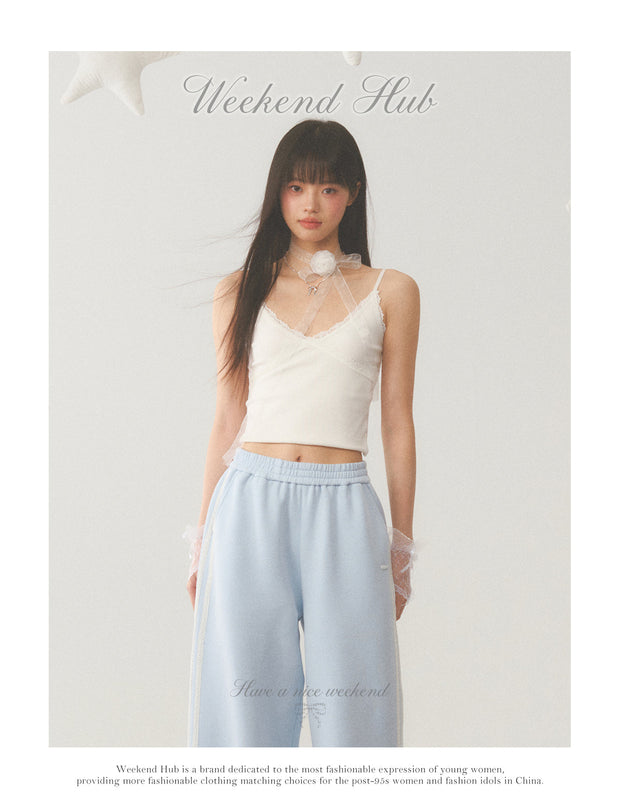 Light Blue White Lace Trim Pants