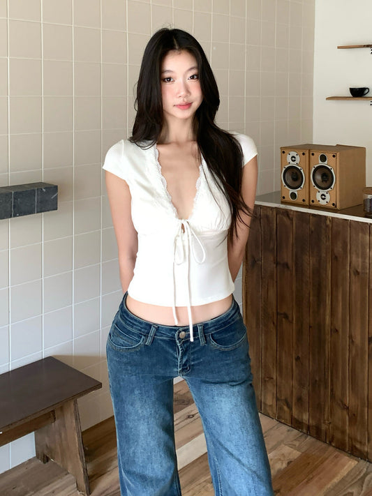 White Bow V-Neck Top