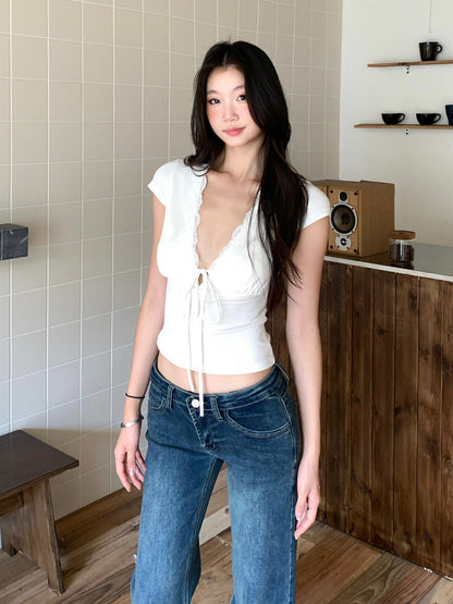 White Bow V-Neck Top